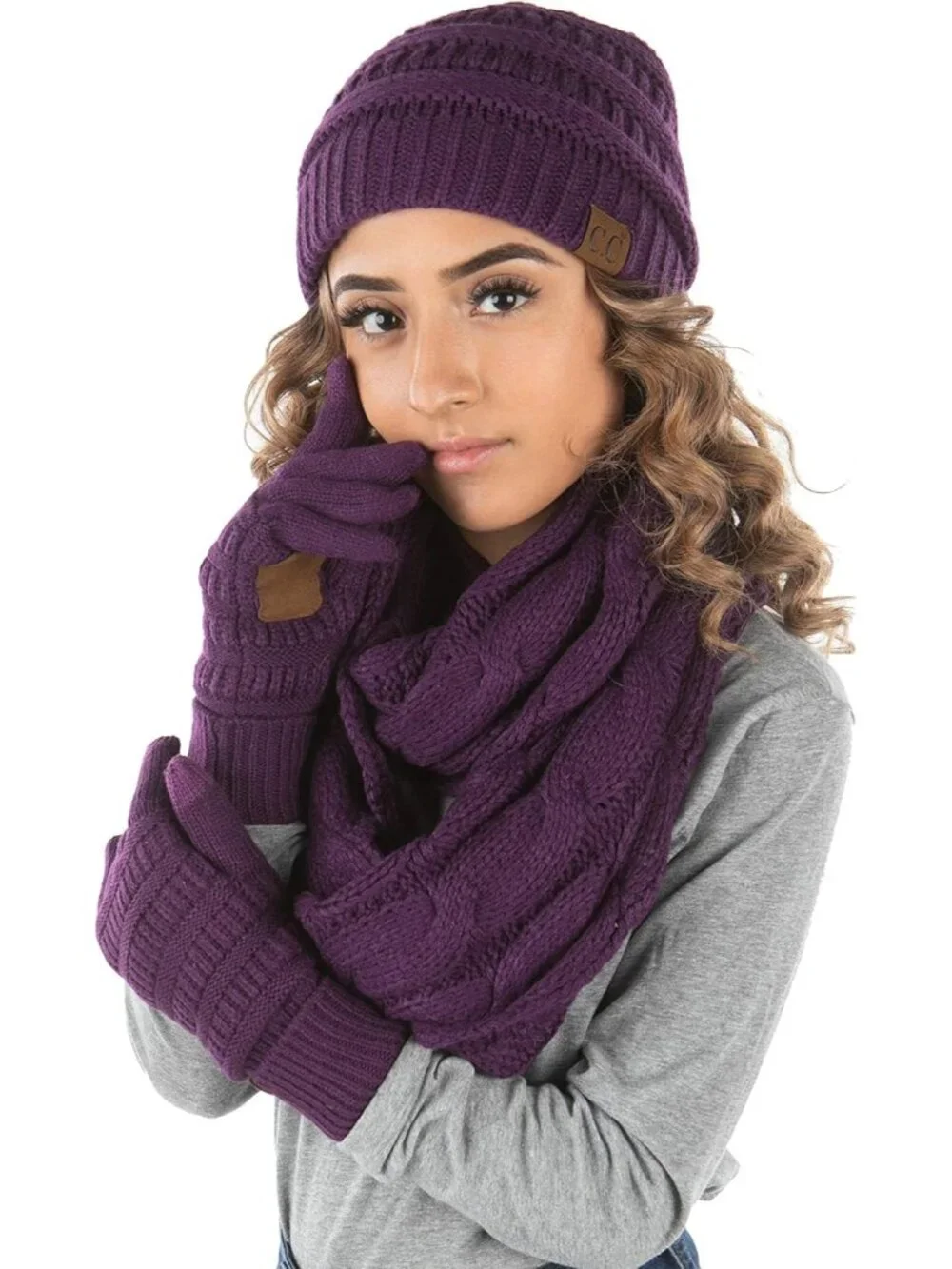 Hat Scarf Glove Set for Women – Matching Winter Set with Ribbed Knit Beanie, Inf